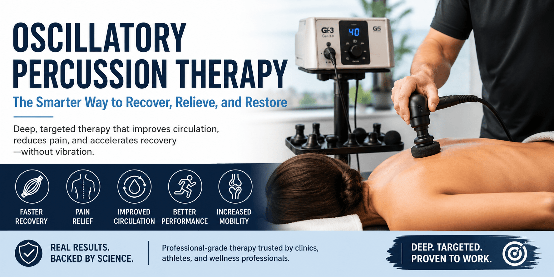 Oscillatory Percussion Muscle Massage Therapy. Therapy That Goes Deeper. Real Relief. Faster Recovery. Better Performance.