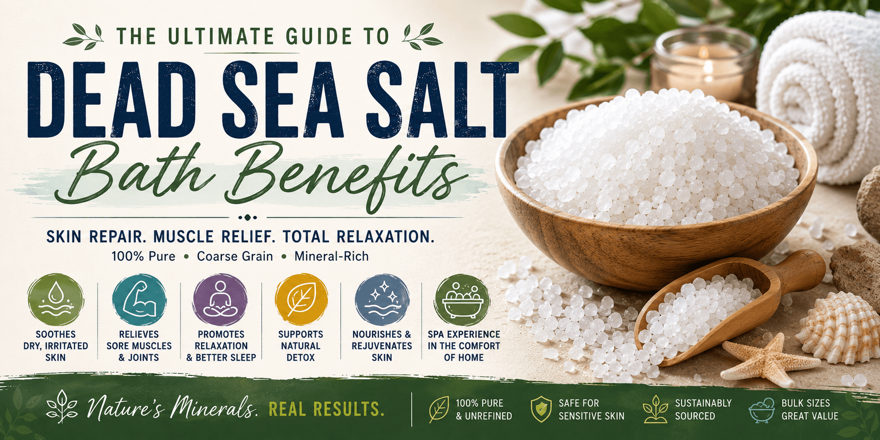 The Ultimate Guide To Dead Sea Salt Bath Benefits. Skin Repair, Muscle Relief, Total Relaxation.