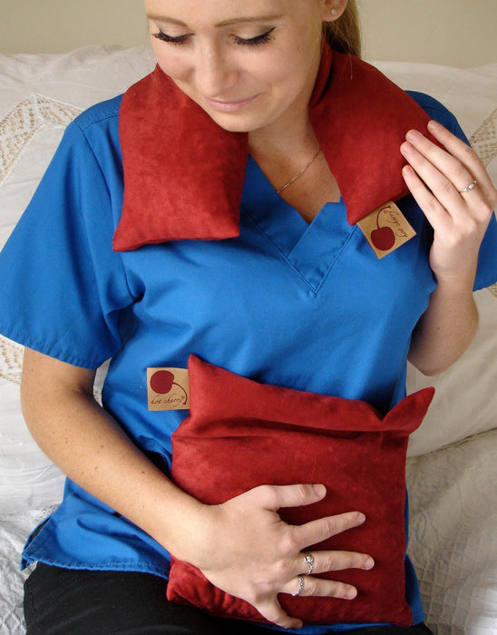 Feel Better Pack in Red Denim: Square, Eye Pillow & Neck Wrap -  Natural Hot and Cold Therapy Pack Set