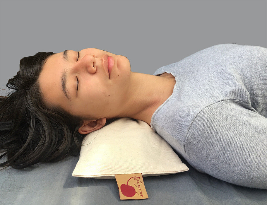Hot Cherry Rectangular/Cervical Neck Pillow in Unbleached, Pre-washed, Natura Denim with Cherry Print Pillowcase -  Natural Hot and Cold Therapy Pack