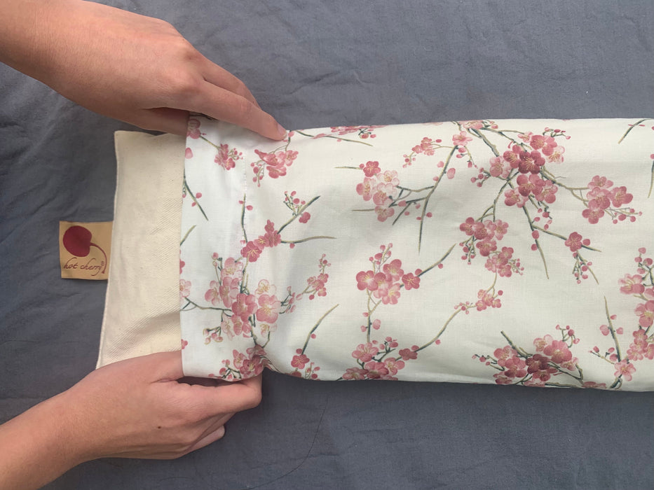 Hot Cherry Cervical/Rectangle Neck Pillow in Unbleached, Pre-washed, Natural Denim, with Cherry Blossom Pillowcase -  Natural Hot and Cold Therapy Pack