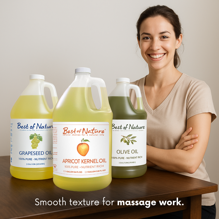 Grapeseed, Apricot Kernel and Olive Oil - smooth texture for massage work.