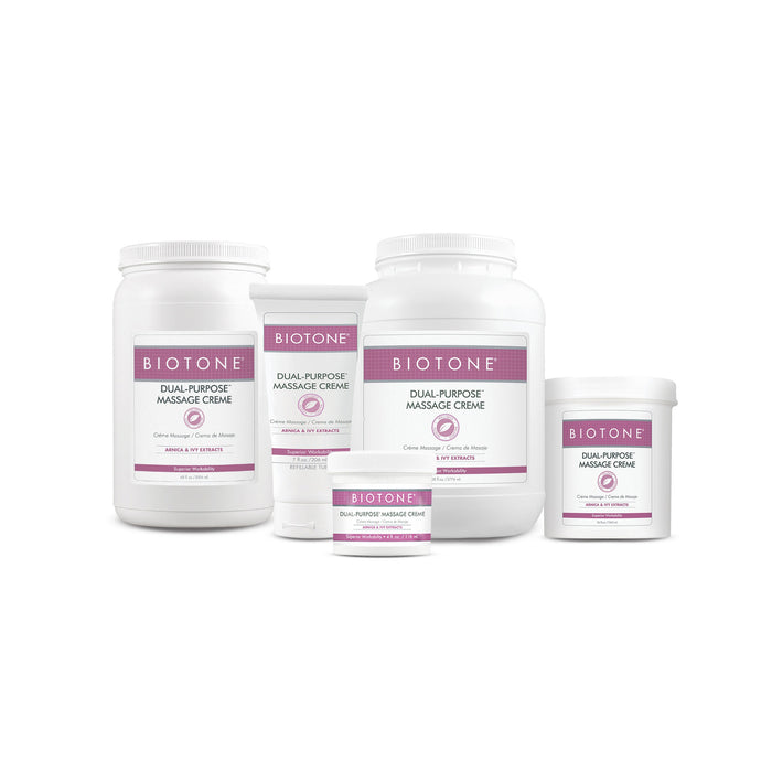 Biotone dual-purpose massage creme containers on a white background