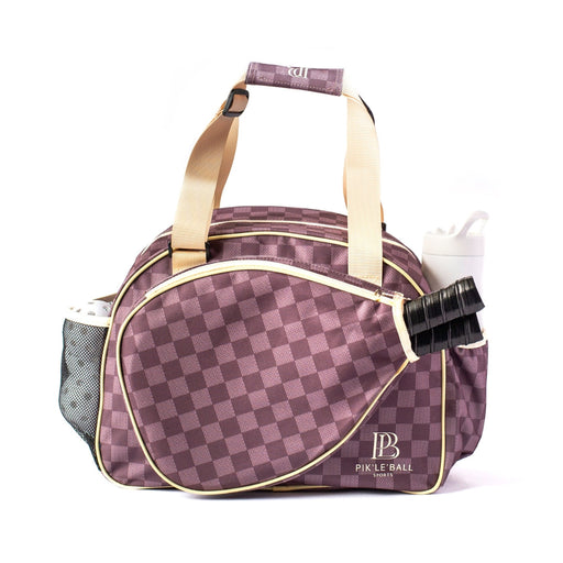 Fashionable women's pickleball bag with stylish brown checkered design.