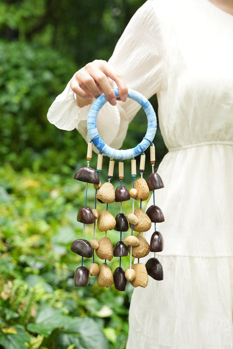 "The Indigo Rain" - Shibori Wrapped Ring & Cascading Shell Wind Chime