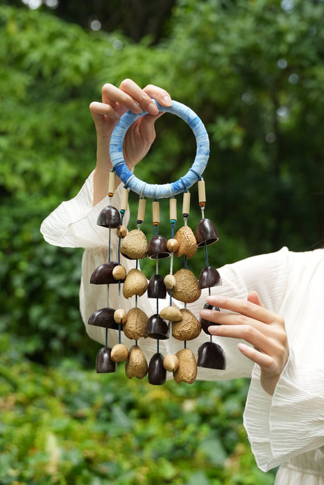 "The Indigo Rain" - Shibori Wrapped Ring & Cascading Shell Wind Chime
