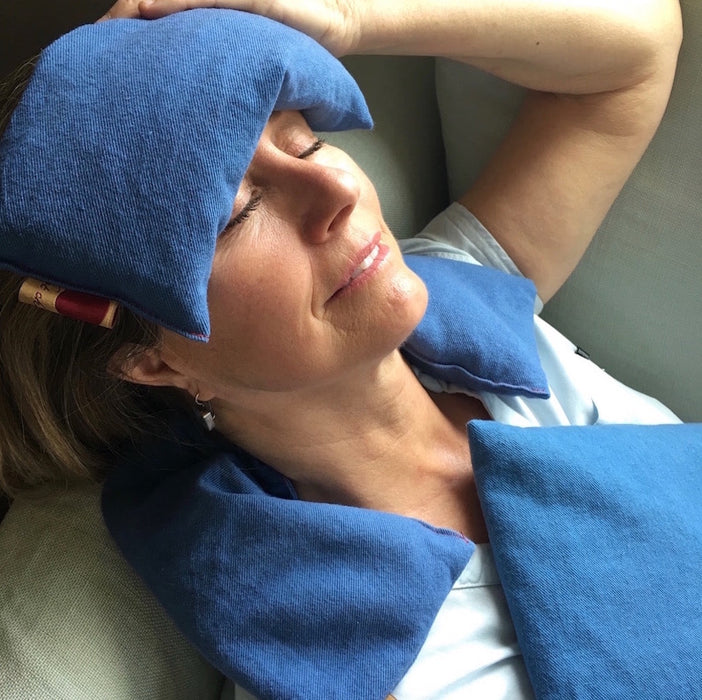 Feel Better Pack in Blue Denim: Square, Eye Pillow & Neck Wrap -  Natural Hot and Cold Therapy Pack Set