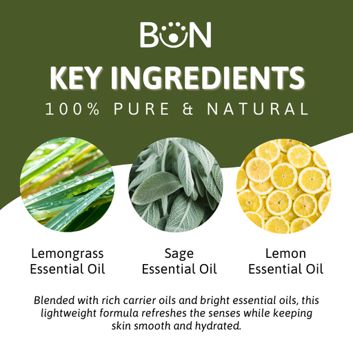 BON product key ingredients including lemongrass, sage, and lemon essential oils on a green background.