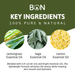 BON product key ingredients including lemongrass, sage, and lemon essential oils on a green background.