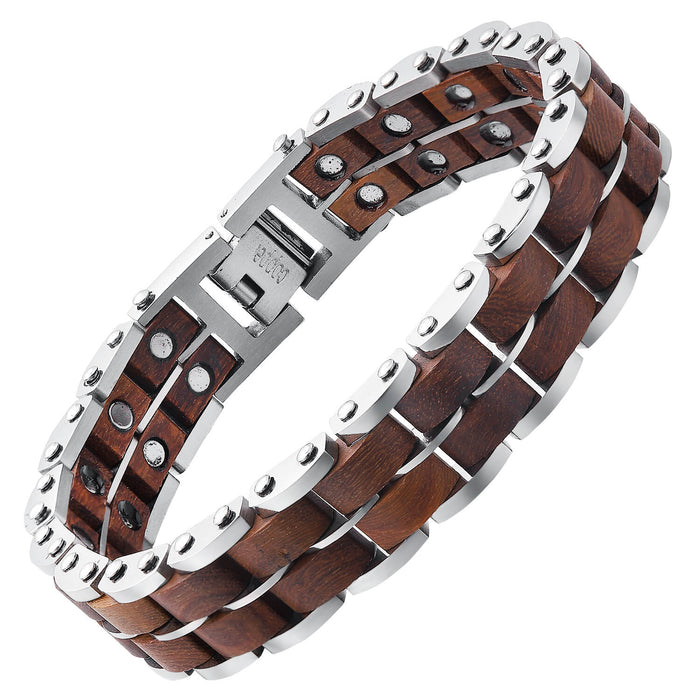 Wood and Stainless Steel Magnetic Bracelet - 3 Colors available -  Model WB011