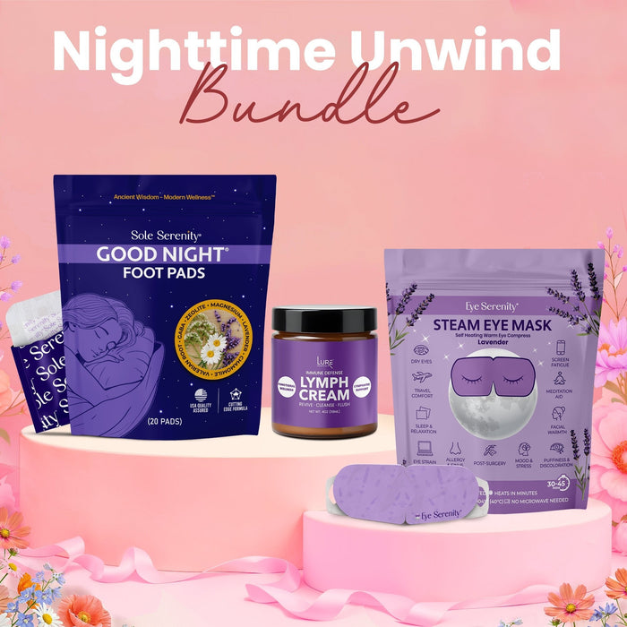 Night Time Unwind Bundle - Detox Foot Pads, Serenity Steam Eye Masks, Lymphatic Cream