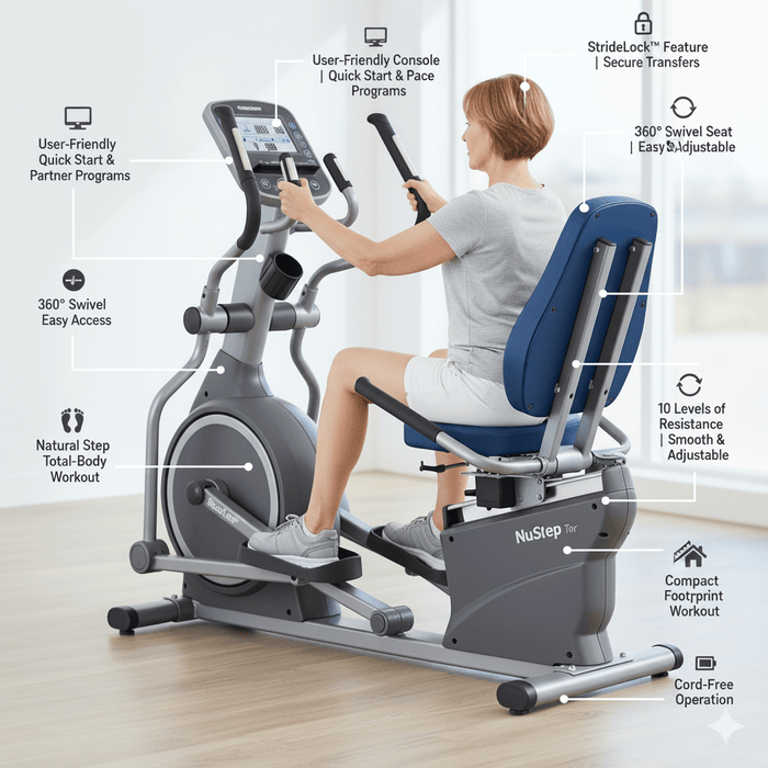 Nustep T4r Recumbent Cross Trainer. Multiple Features Show Why It Is Considered By Many To Be The Best In The Exercise and Rehab Industry.