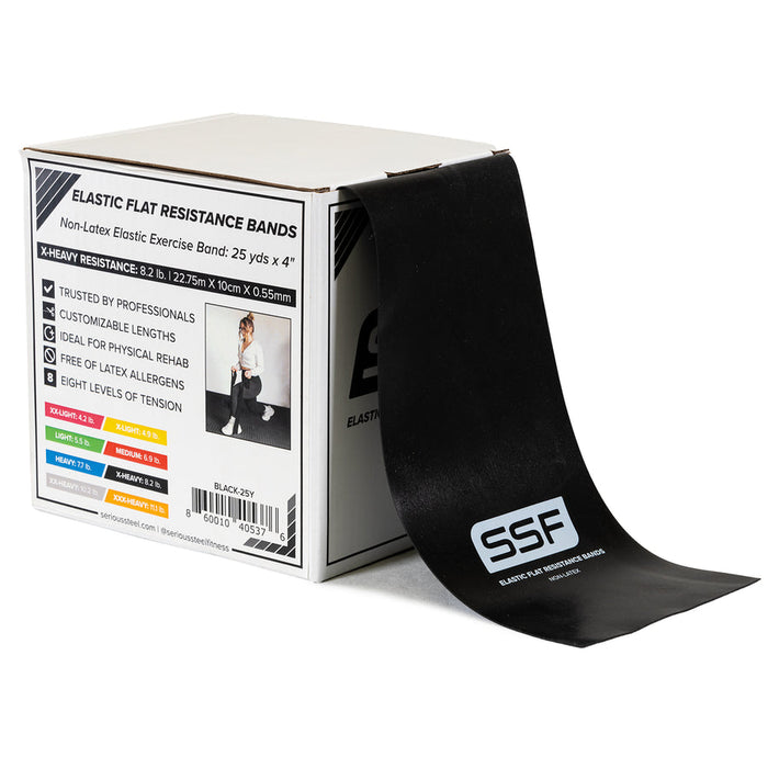 SSF black elastic flat resistance band with packaging on a white background