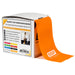 Orange resistance band with a white box displaying product information on a white background