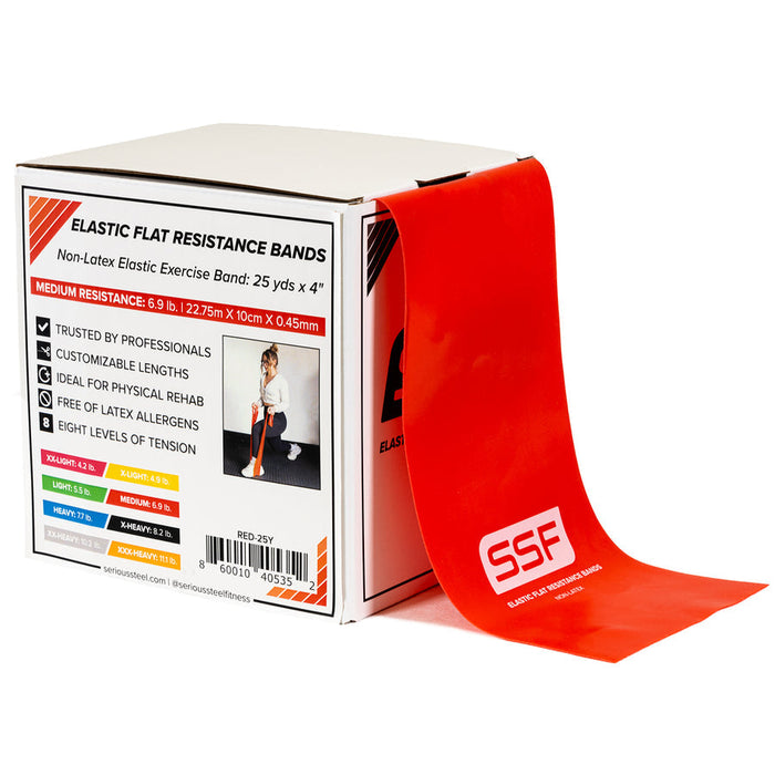 Red elastic flat resistance band with packaging on a white background