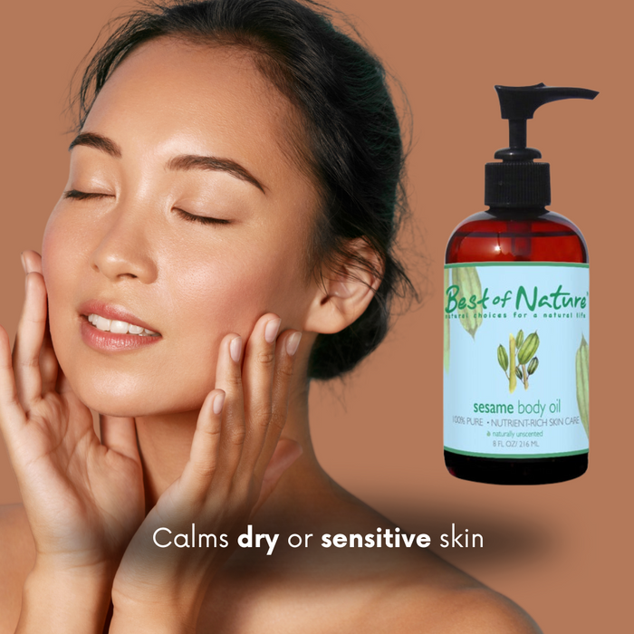 Sesame body oil calms dry or sensitive skin. Made in the USA by Best of Nature