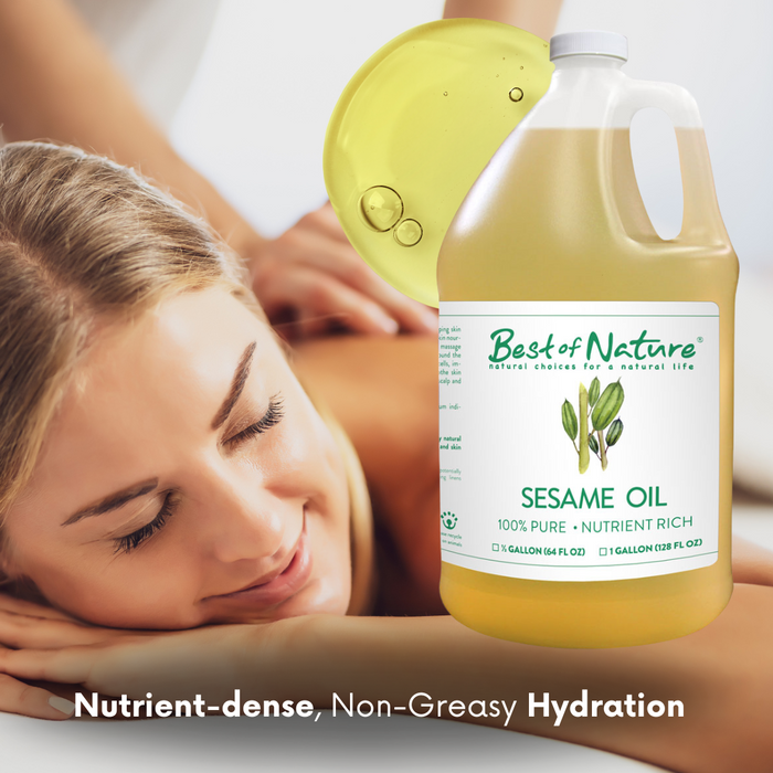 Bottle of Best of Nature Sesame Oil with a woman receiving a massage.