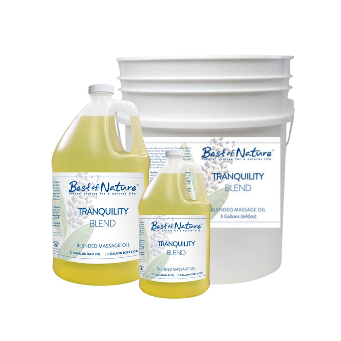 Tranquility Blend Massage and Body Oil half gallon jug, gallon jug, and 5 gallon pail