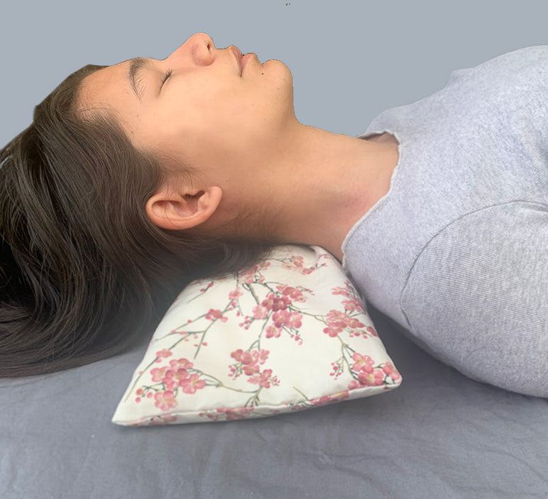 Hot Cherry Cervical/Rectangle Neck Pillow in Unbleached, Pre-washed, Natural Denim, with Cherry Blossom Pillowcase -  Natural Hot and Cold Therapy Pack
