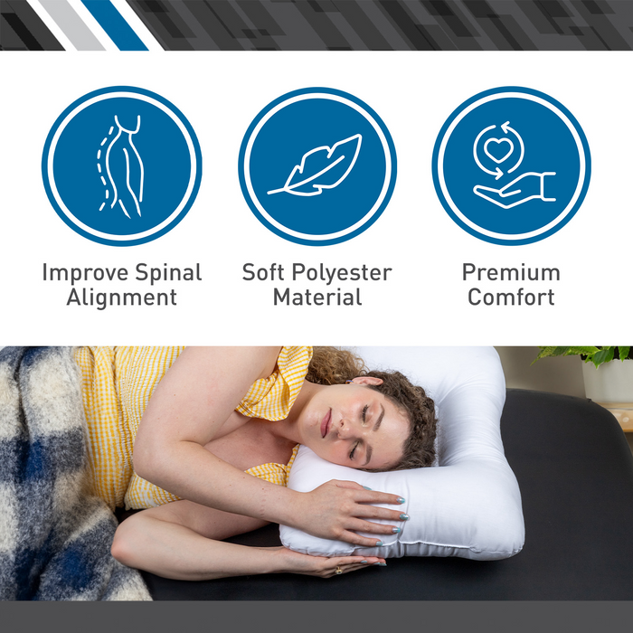 Person lying on a cervical pillow with icons and text highlighting features like spinal alignment, soft polyester material, and premium comfort.