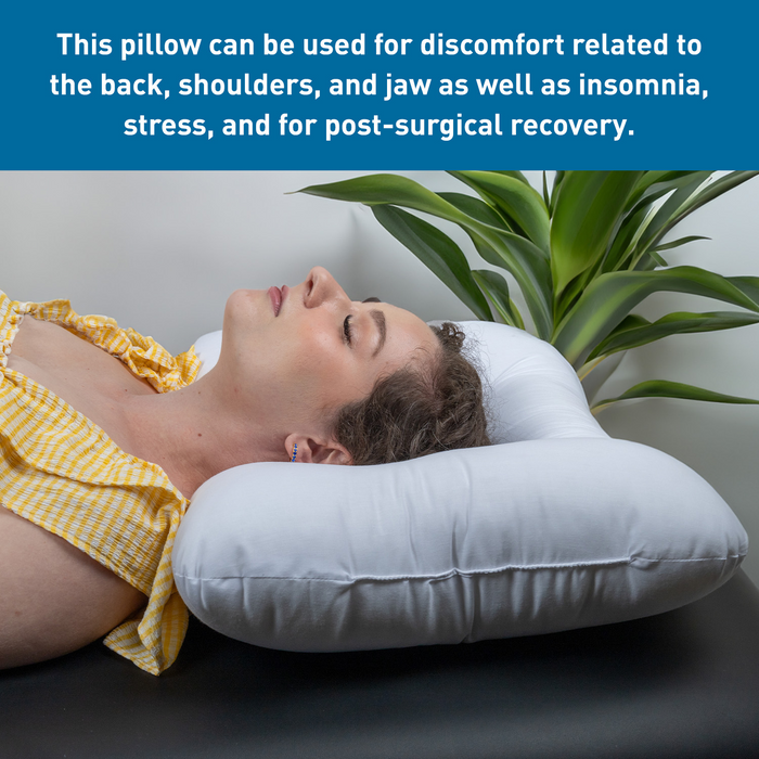 Woman lying on a white cervical pillow with text about its uses.