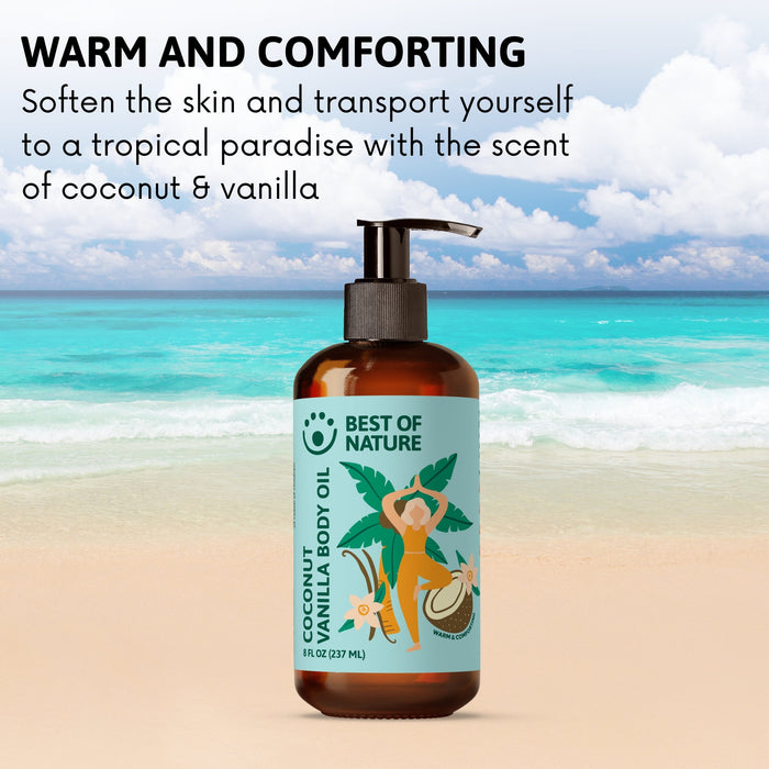 Bottle of coconut vanilla body oil with a beach background