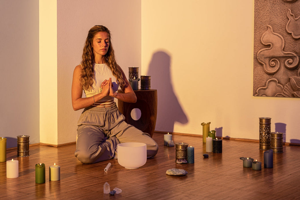 432 Hz 8"-14" Crystal Singing Bowls Chakra Set of 7 - Pure White Frosted Quartz