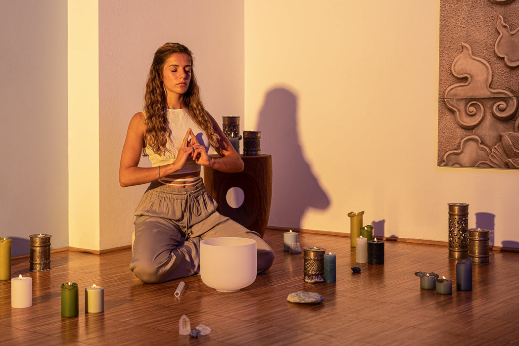 432 Hz 8"-14" Crystal Singing Bowls Chakra Set of 7 - Pure White Frosted Quartz