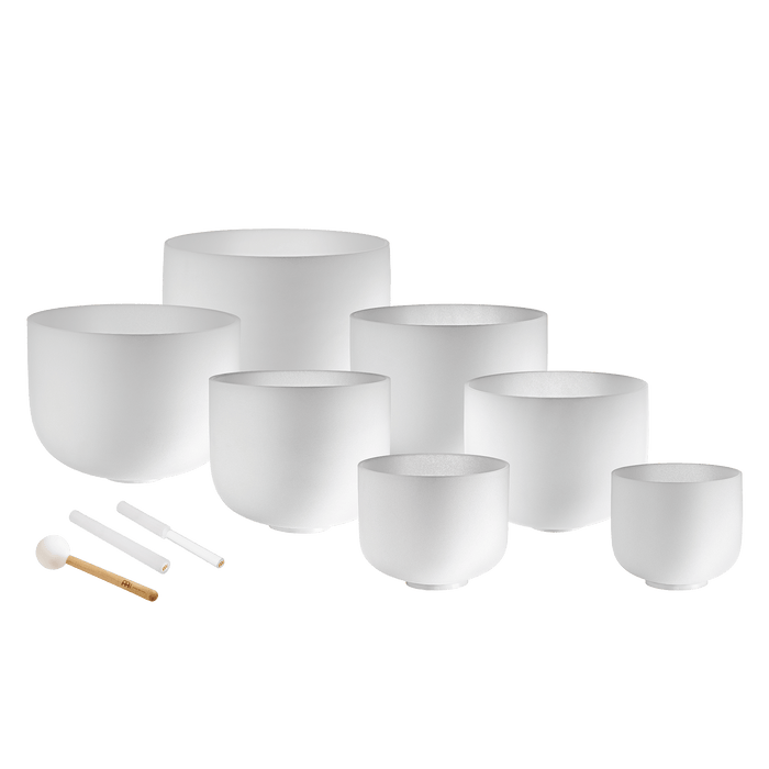 432 Hz 8"-14" Crystal Singing Bowls Chakra Set of 7 - Pure White Frosted Quartz