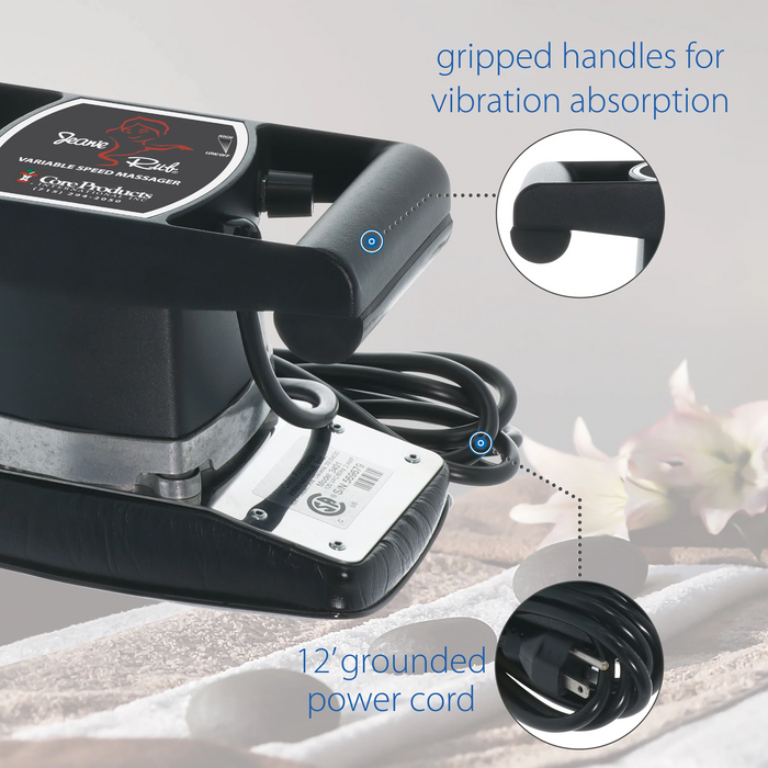 Vibrating massager with gripped handles and power cord on a neutral background