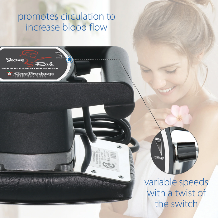 Massage device with control panel and woman receiving massage, promoting circulation.
