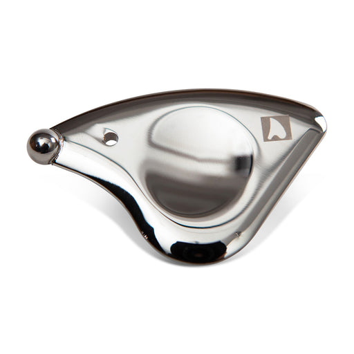 Metallic, crescent-shaped professional masssage tool on a white background