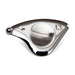 Metallic, crescent-shaped professional masssage tool on a white background