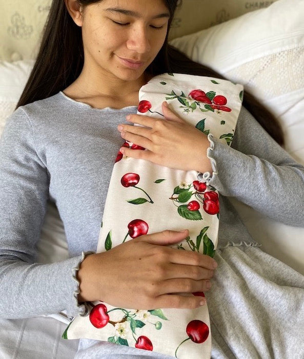 Hot Cherry Rectangular/Cervical Neck Pillow in Unbleached, Pre-washed, Natura Denim with Cherry Print Pillowcase -  Natural Hot and Cold Therapy Pack