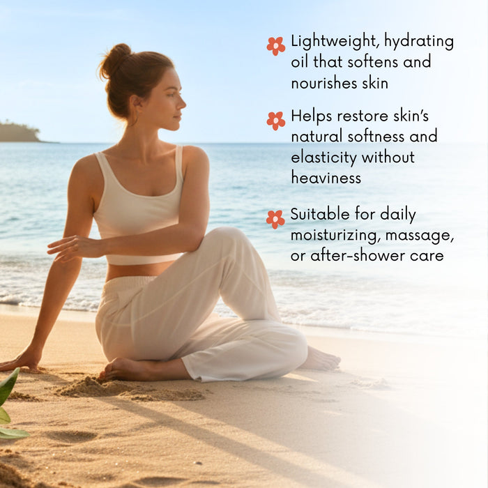 Woman sitting on a beach with text about a lightweight, hydrating oil.
