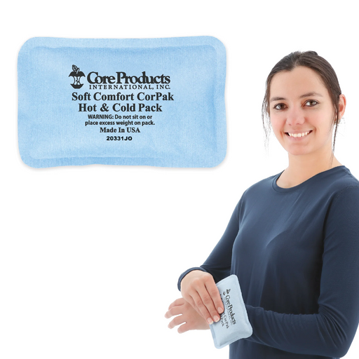 Woman holding a Core Products International Inc. hot and cold pack with a blue soft comfort corpak in the background.
