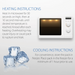 Heating and cooling instructions for a product with a microwave and ice cubes illustration.
