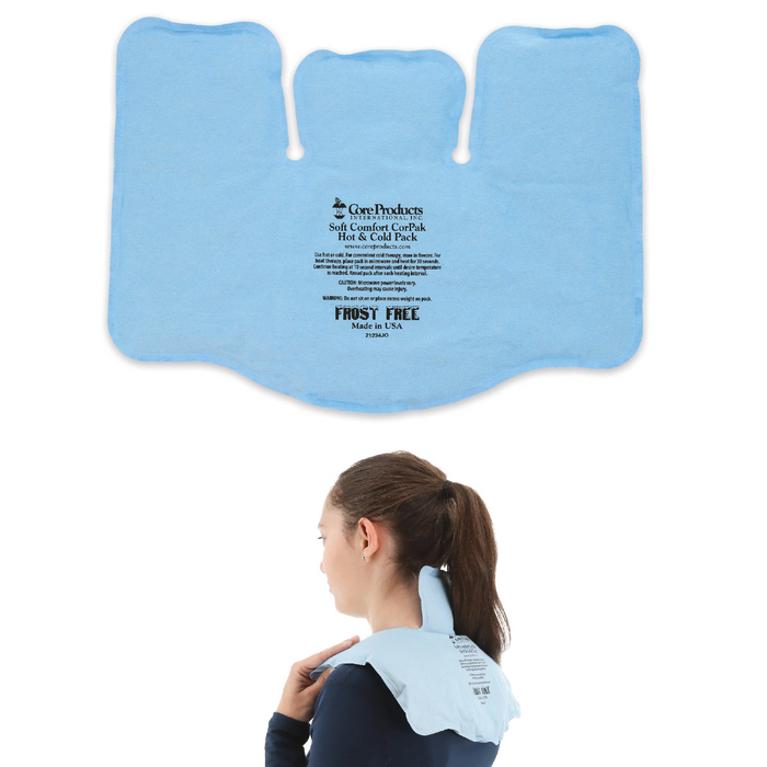 Blue Core Products hot cold pack with a person using it on their shoulder against a white background