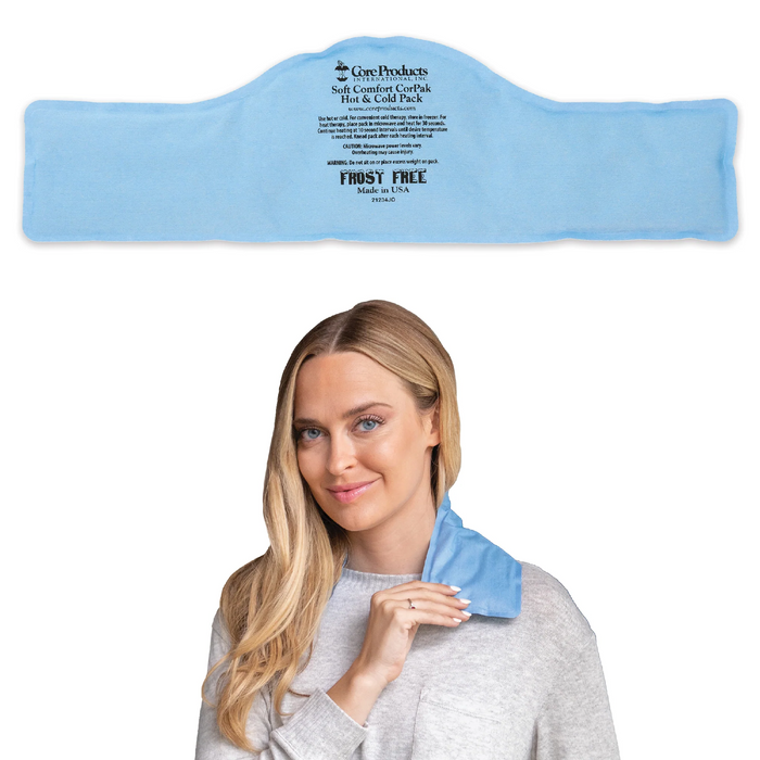 Woman wearing a blue hot and cold neck pillow with 'Core Products' branding on a white background