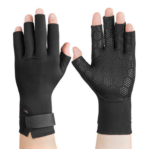Black half-finger gloves on a white background