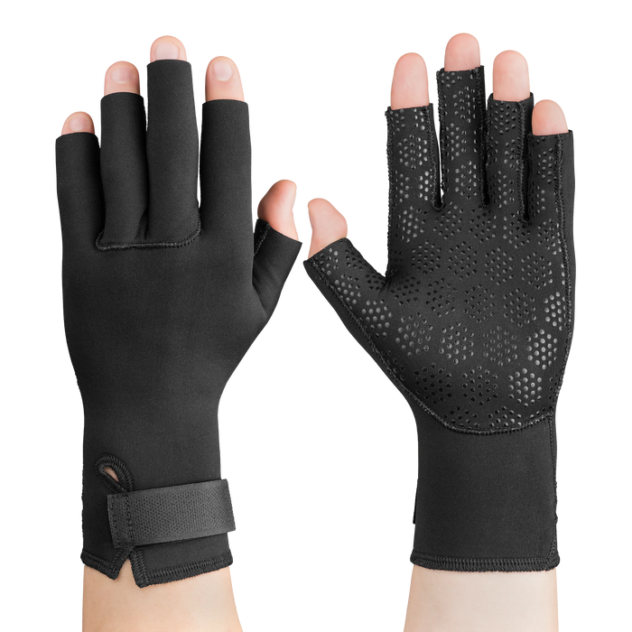 Black half-finger gloves on a white background