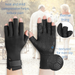 Black compression glove with text highlighting features on a blurred background of two people walking.