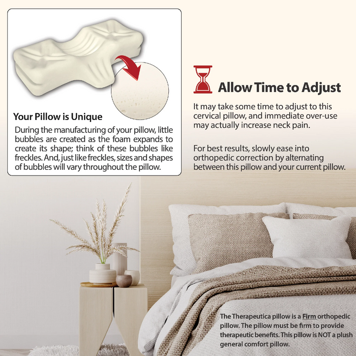 Bedroom scene with a pillow and text about adjusting to a new pillow