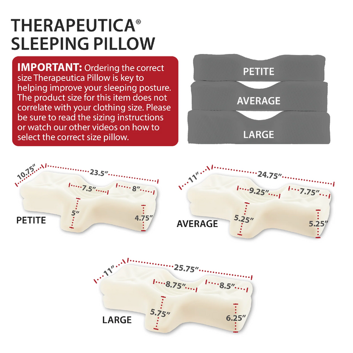 Therapeautica sleeping pillow with size chart and measurements on a white background