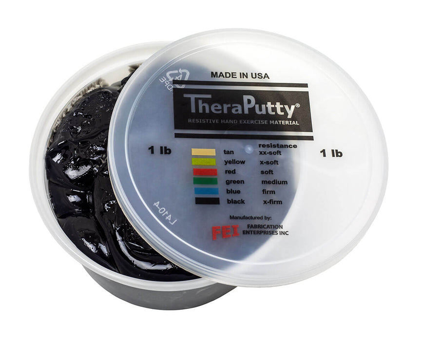 TheraPutty resistance hand exercise material container with black putty inside on a white background