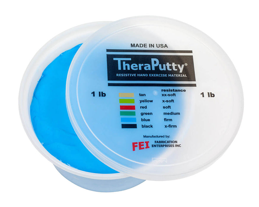 TheraPutty exercise material in a container with blue content on a white background