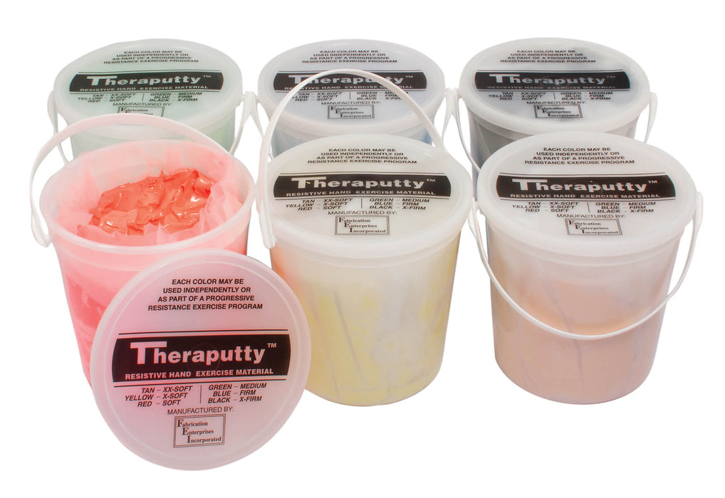 Multiple containers of Theraputty, a physical therapy putty, on a white background.