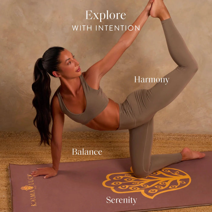 Woman in a yoga pose on a mat with 'Explore with Intention' text
