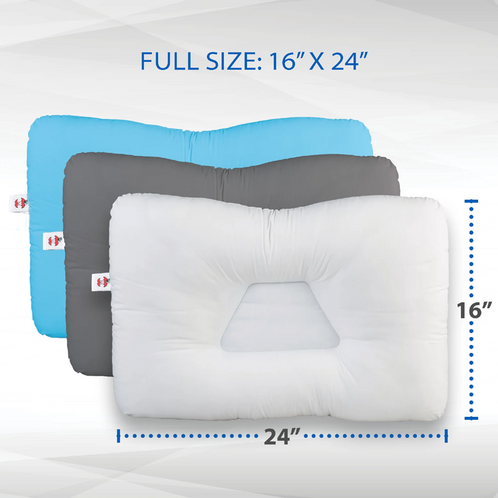 Three pillows in blue, gray, and white with measurements indicating a full size of 16" x 24".