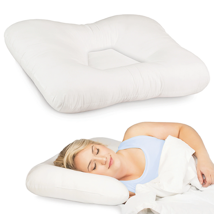 Woman sleeping on a cervical pillow on a white background